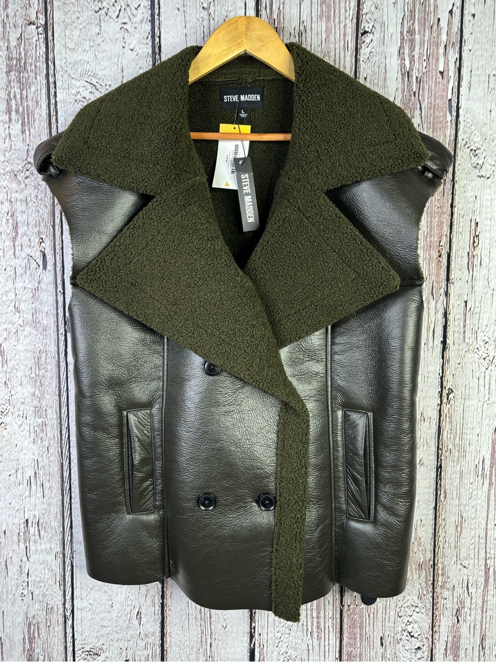 🏷️NWT Steve Madden Women’s Large Fawn Sleeveless Mixed Media Vest Dark Green NEW